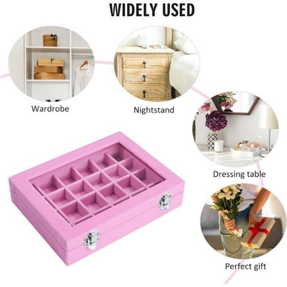 Ring Jewelry Box Organizer Pink Velvet Jewelry Display Holder 24 Grid Gift Her - Picture 6 of 6